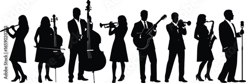 Silhouette, jazz band, musicians, instruments, performance, concert, stage, artistic, entertainment, ensemble, live music, saxophone, trumpet, guitar, cello, flute, microphone, musical group