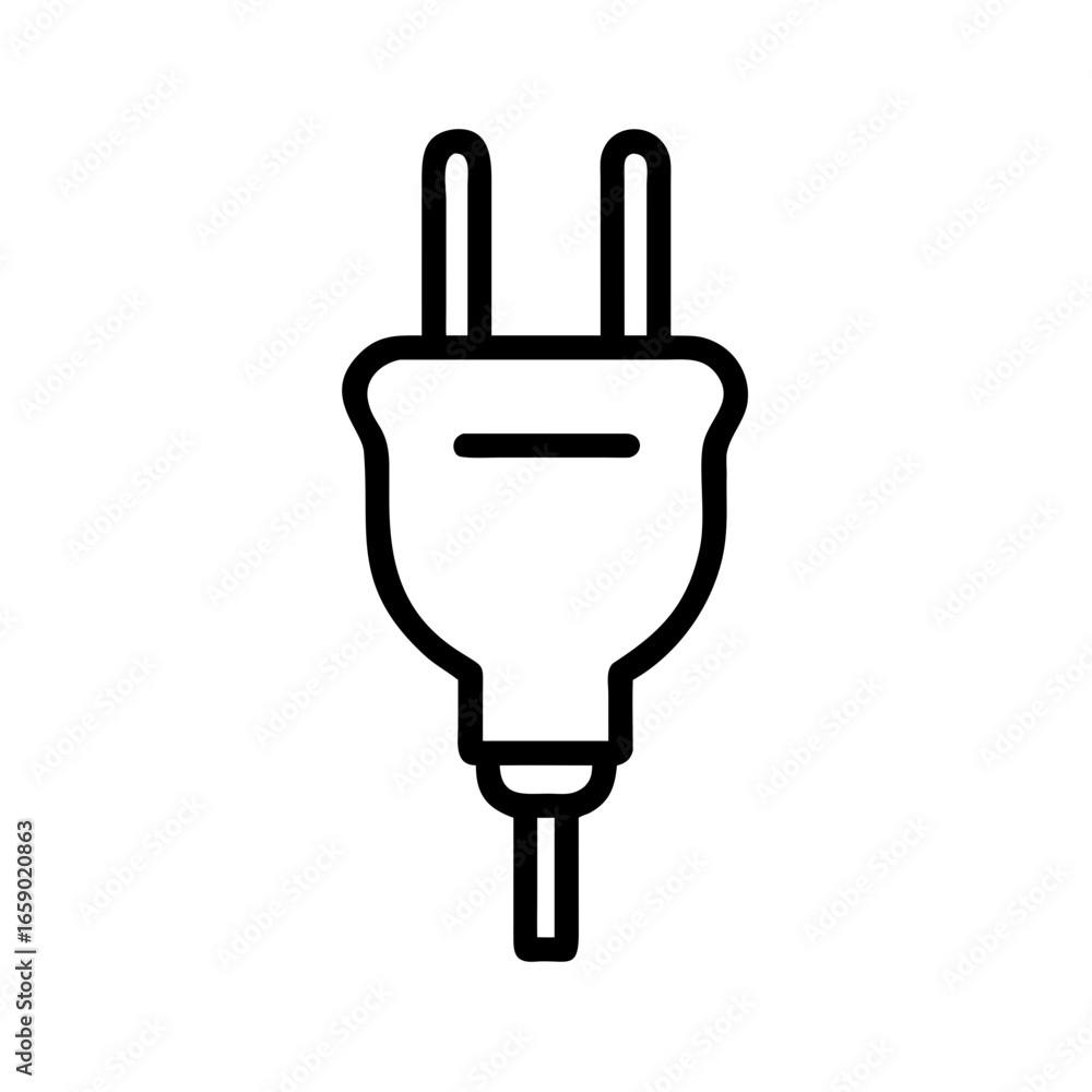 A black and white illustration of an electrical plug. This minimalist design showcases the essential form of the plug A black and white illustration of an electrical plug. This minimalist design showcases the essential form of the plug