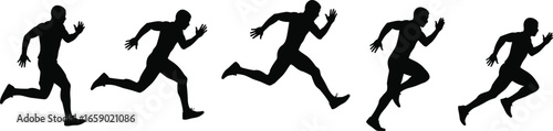 Running man silhouette vector set, athletic motion sequence, sprinting pose collection, fitness biomechanics, black isolated figure, sports movement illustration, dynamic stride