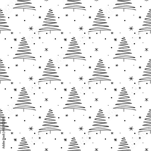Christmas tree and snowflakes on white background repeating raster pattern