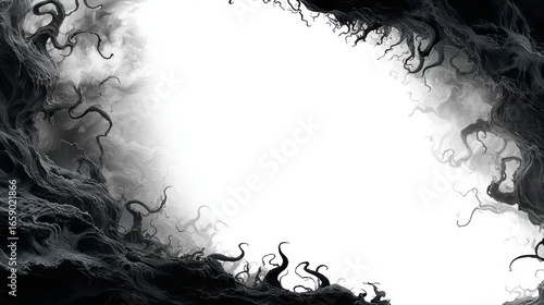 Amorphous black border frames bright white background, creating mysterious and eerie atmosphere