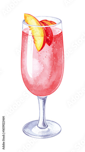 Watercolor Illustration of Classic Bellini Cocktail – Peach and Prosecco Drink