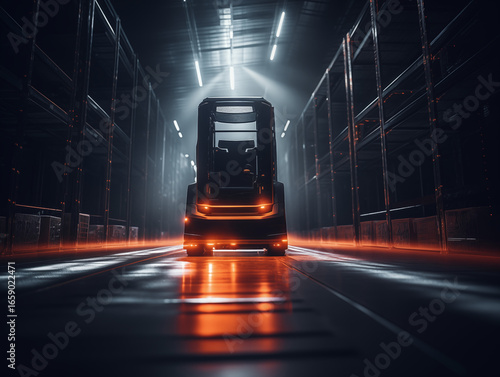 Dynamic forklift in modern warehouse with vibrant orange and cool blue lighting for logistics