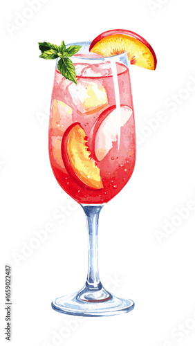 Watercolor Illustration of Classic Bellini Cocktail – Peach and Prosecco Drink