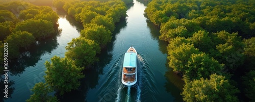 Boat sails through lush green mangrove forest creating winding river pattern. Tropical rainforest cruise offers biodiversity exploration. Scenic waterway journey through vibrant natural landscape.
