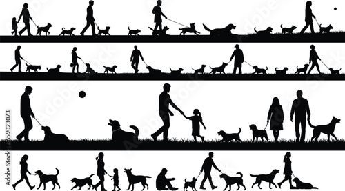 "Silhouetted figures walking, playing, sitting, and bonding with dogs on grass, conveying companionship, pet care, outdoor lifestyle 