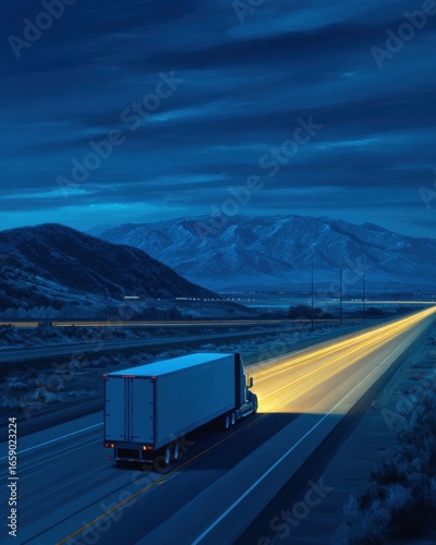 Nighttime highway scene featuring a moving truck with illuminated headlights on an empty road with a mountainous landscape in the background under a dark sky