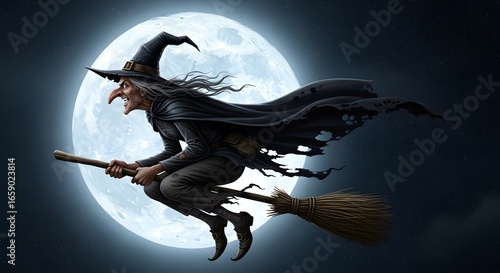 Witch flying on a broomstick in front of the moon on a dark night sky background