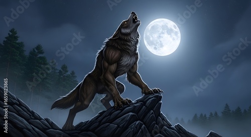 Werewolf howling at the moon on a dark night in the forest with trees and rocks around it