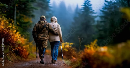 Wallpaper Mural Couple hiking, one with lower limb prosthesis, forest path, healthy active lifestyle Torontodigital.ca
