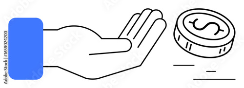 Outstretched hand waiting to receive a dollar coin in motion, symbolizing financial support, donation, or exchange. Ideal for finance, charity, investment, business, economy payment simple landing