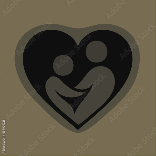 Minimalist Heart with Embracing Figures, Negative Space Design, Monochrome Vector
