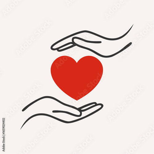 A minimalist vector illustration depicting two black outlined hands gently cupped around a vibrant red heart, symbolizing care, love, protection, and well-being