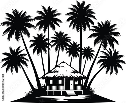 Tropical island paradise with a thatched hut nestled amongst tall palm trees under a clear sky