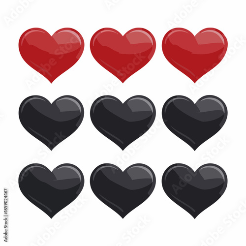 Set of nine glossy three-dimensional heart icons with three red and six black symbols isolated on a white background