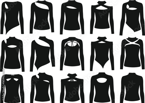 Collection of black long sleeved tops featuring unique cutouts and stylish designs for modern fashion