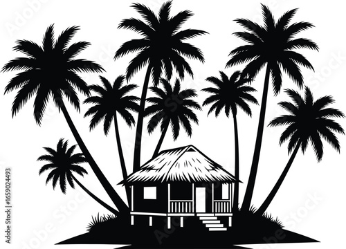 Tropical island paradise with a rustic thatched roof hut nestled amongst silhouetted palm trees under a clear sky