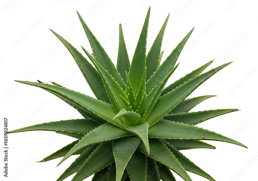 Fototapeta premium Vibrant green aloe vera plant with pointed leaves isolated on a white background