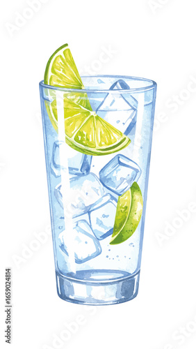 Watercolor Illustration of Vodka Soda Cocktail with Lime