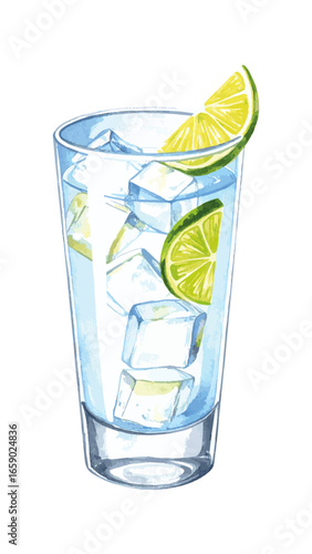 Watercolor Illustration of Vodka Soda Cocktail with Lime