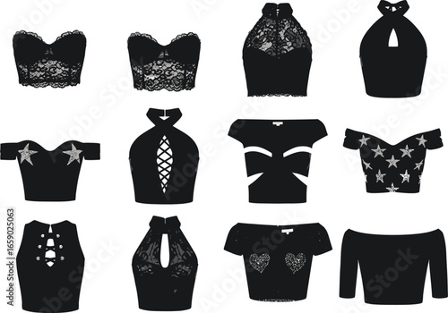 Collection of twelve stylish black crop tops and bustiers featuring lace cutouts and decorative elements for fashion photography
