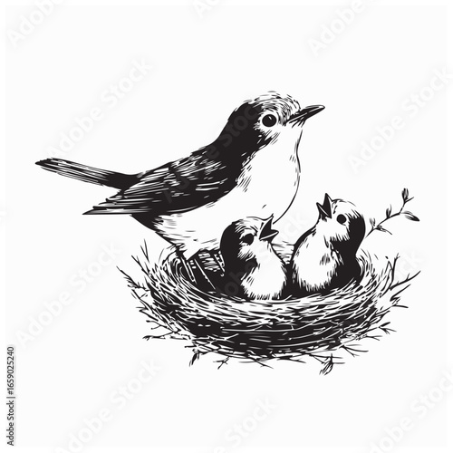 European Robin Bird and Chicks in Nest Vector on white background