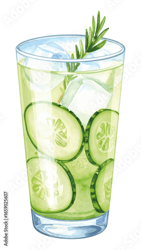 Watercolor Illustration of Cucumber Gin Cocktail