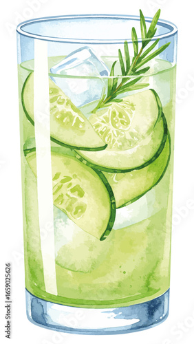 Watercolor Illustration of Cucumber Gin Cocktail