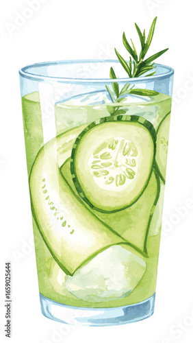 Watercolor Illustration of Cucumber Gin Cocktail
