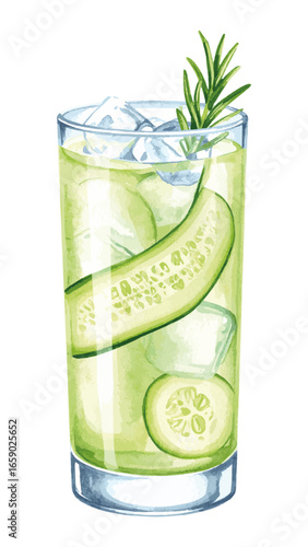 Watercolor Illustration of Cucumber Gin Cocktail