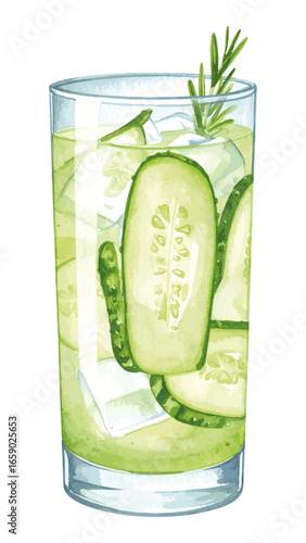 Watercolor Illustration of Cucumber Gin Cocktail