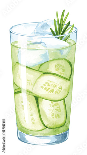 Watercolor Illustration of Cucumber Gin Cocktail