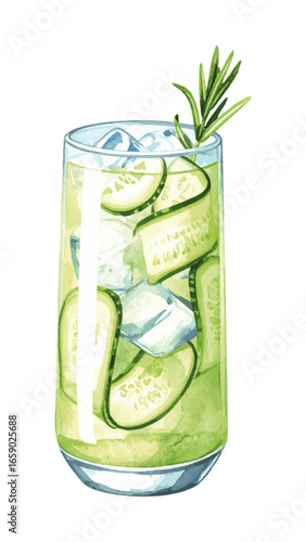 Watercolor Illustration of Cucumber Gin Cocktail