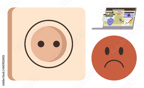 Sad face next to unplugged power socket and laptop displaying security warnings, password, shield, files. Ideal for cybersecurity, data breach, privacy, online safety, threats digital stress simple