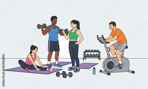 Illustration Of People Training With Weights And Machines, Suitable For Fitness Clubs And Wellness Promotion