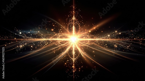 Glowing golden star on black background with light rays and sparkles, symbolizing love and energy, romantic design element