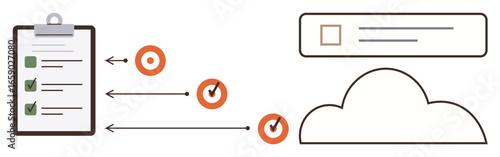 Checklist clipboard, orange checkmarks, lines to cloud storage, and document window. Ideal for productivity, organization, cloud computing, task monitoring, remote work goal tracking simple flat