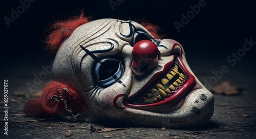 Creepy clown mask with sinister smile and red hair lying on the ground in the dark