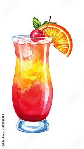 Watercolor Illustration of Tequila Sunrise Cocktail