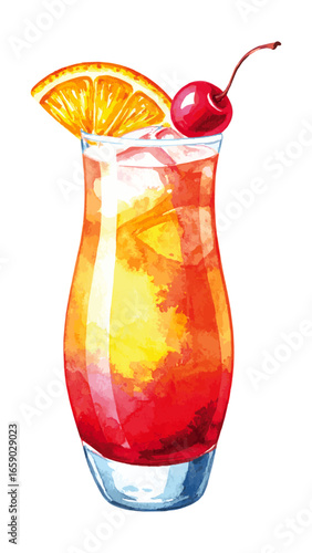 Watercolor Illustration of Tequila Sunrise Cocktail