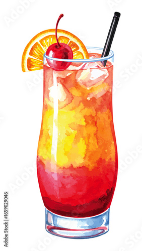 Watercolor Illustration of Tequila Sunrise Cocktail