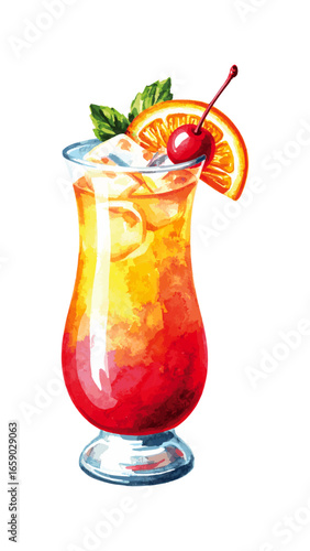 Watercolor Illustration of Tequila Sunrise Cocktail