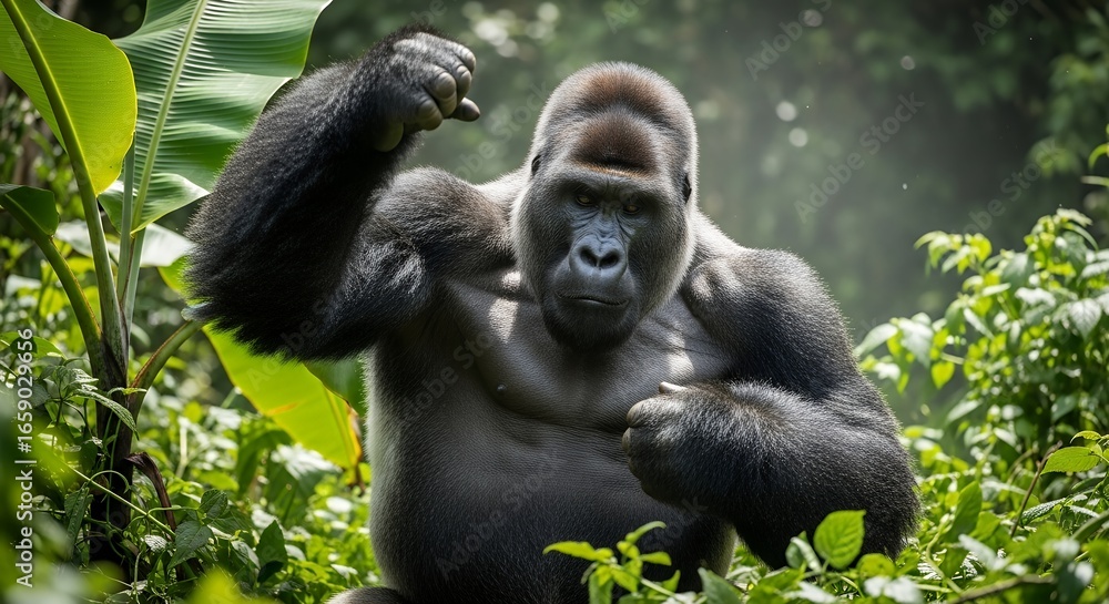 Obraz premium Adult Male Gorilla Displaying Strength in Lush Green Tropical Forest
