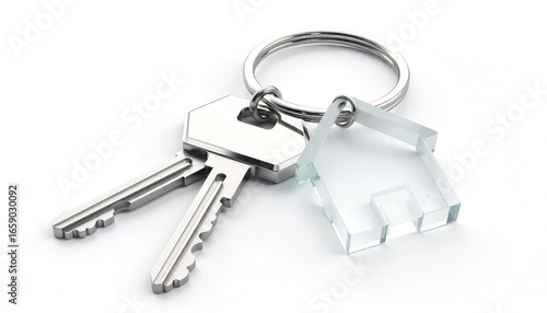 Close up of two keys and a house shaped keychain attached to a silver keyring on a white background