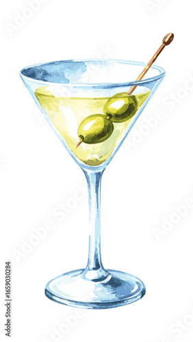 Watercolor Illustration of Classic Martini Cocktail