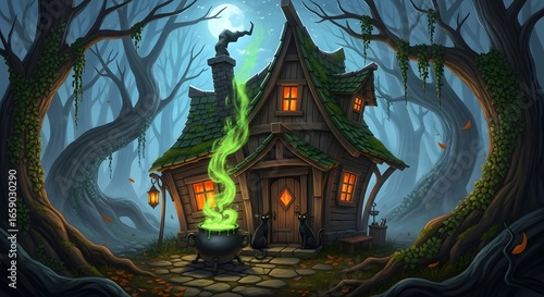 A witch's cottage in the woods under the moonlight with a bubbling cauldron outside