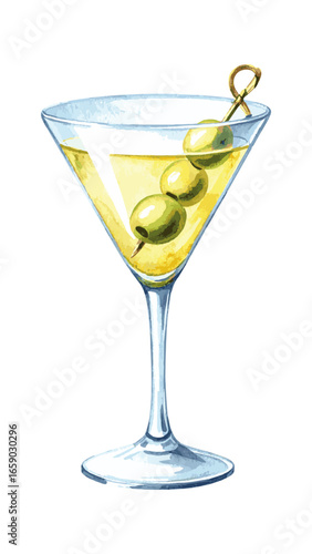 Watercolor Illustration of Classic Martini Cocktail