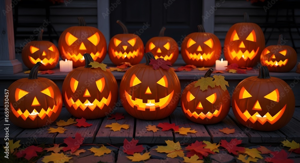 Fototapeta premium Illuminated jack o lanterns on porch create a spooky halloween night display theme