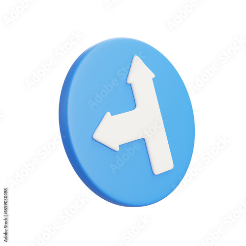 3D illustration of a blue circular traffic sign with white arrow showing split directions left and forward, isolated on white background for navigation.