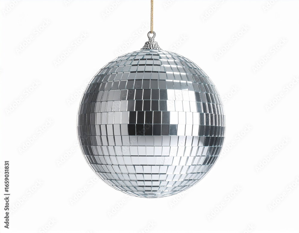 Fototapeta premium A sparkling hanging disco ball with a reflection of light against a pure white background.
